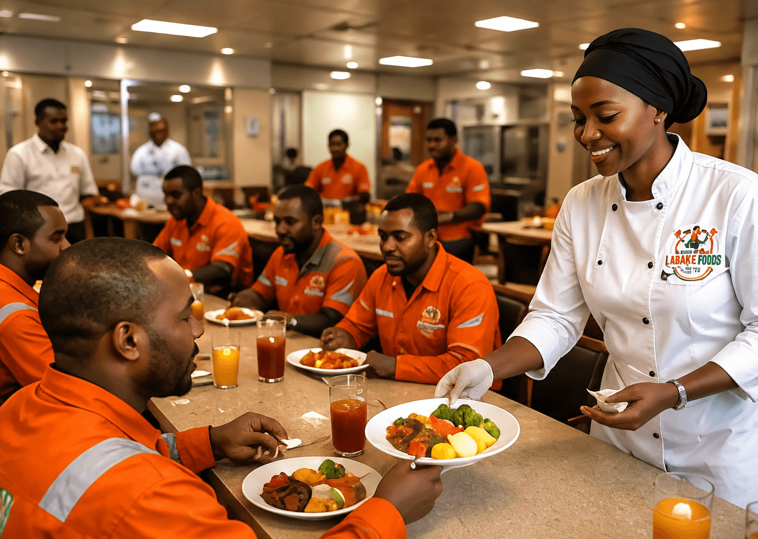 A Labake Foods chef serving meals in an offshore galley