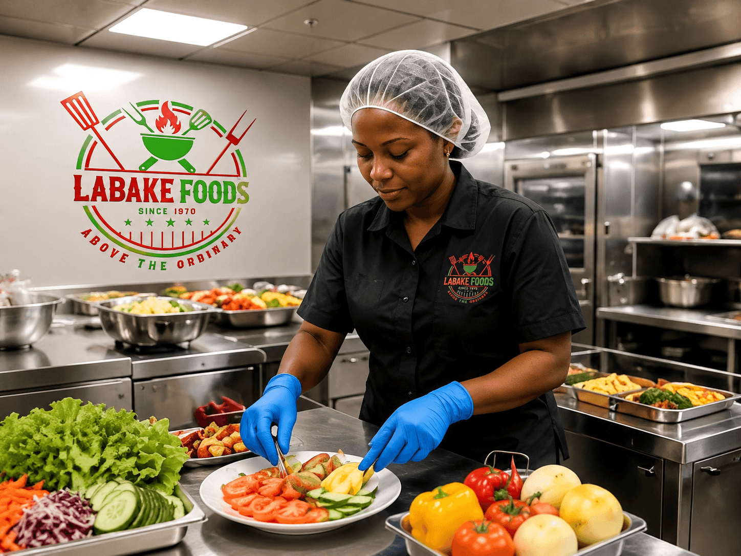 A Labake Foods chef working in a commercial galley kitchen