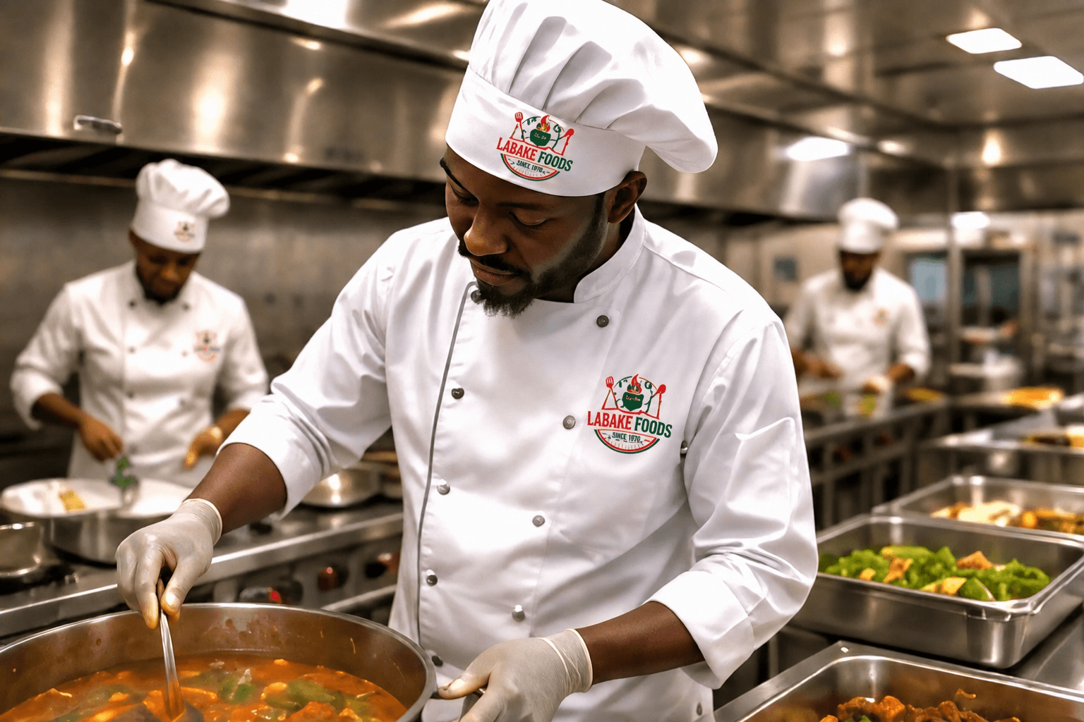 A Labake Foods chef cooking on a commercial range in an industrial kitchen