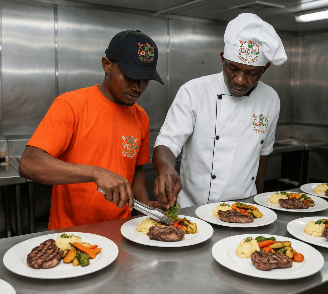 Labake Foods kitchen team portioning meals for a shift service